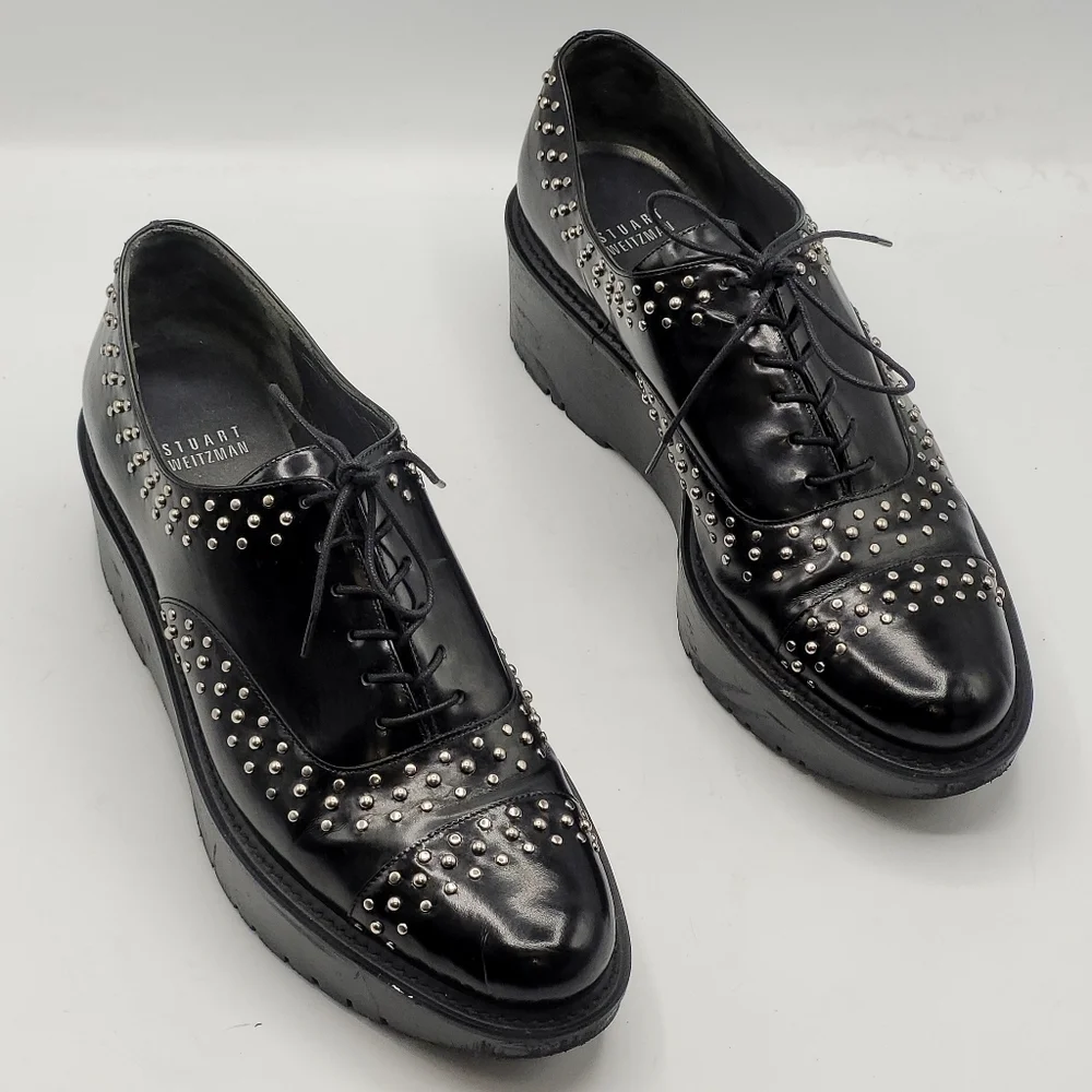 Stuart‎ Weitzman Zealous Studded Platform Loafer Jet Mirror Black. Size 9.5 M